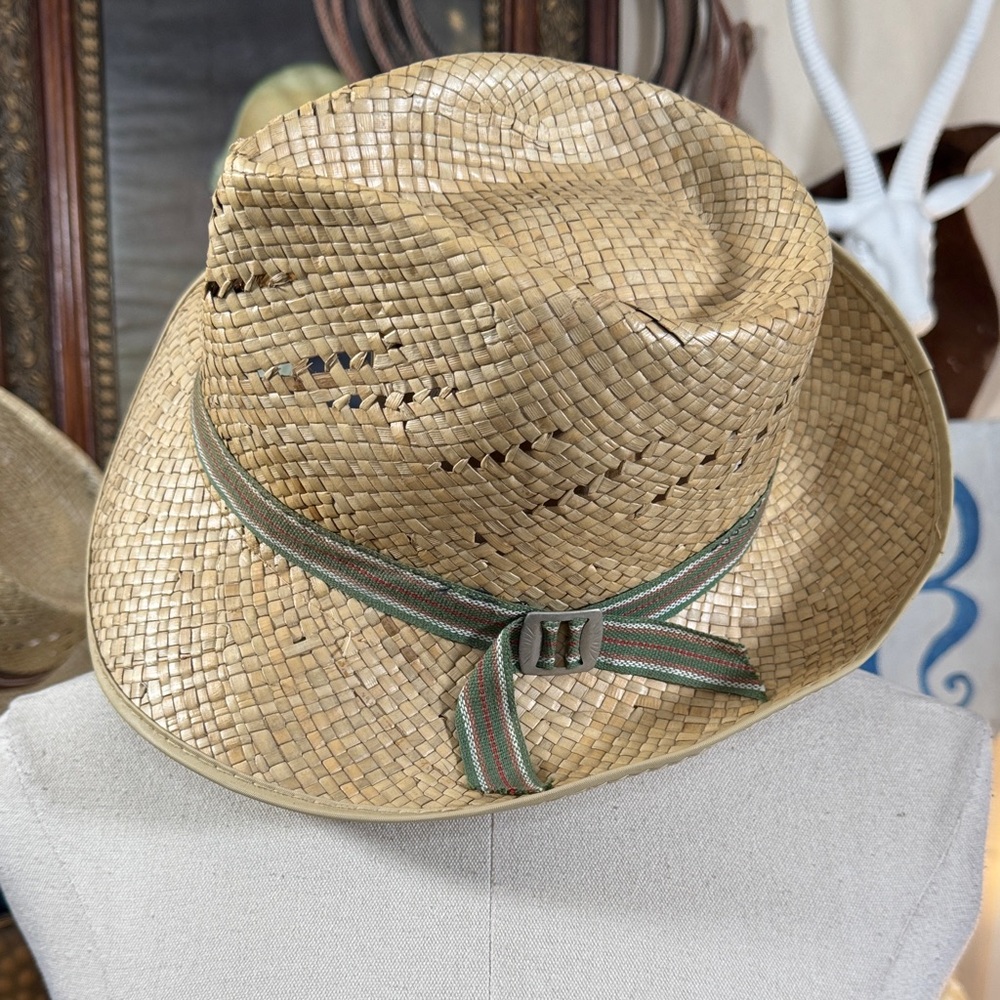 Vintage 70s Panama Straw Fedora with Green Stripe